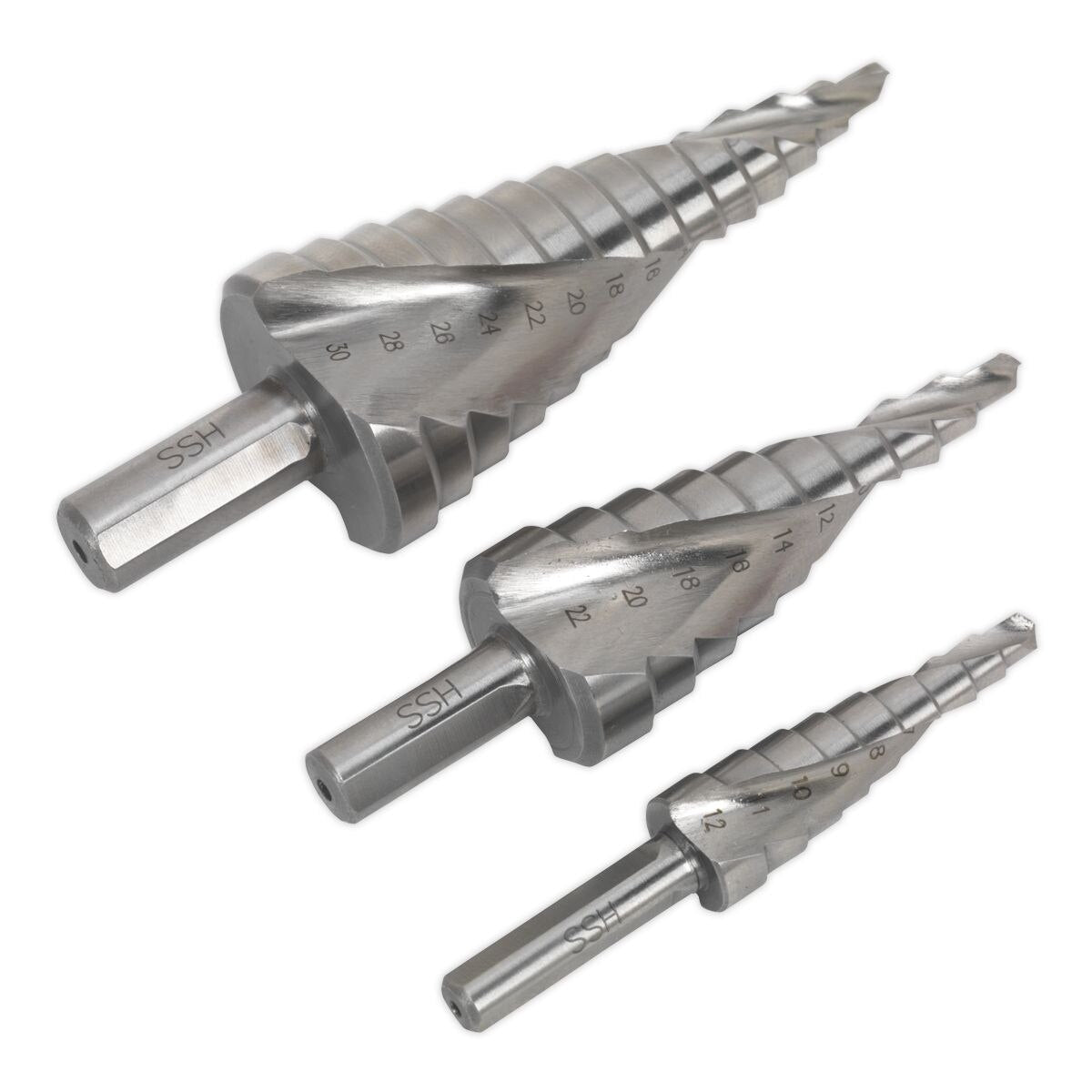 Sealey Spiral Flute HSS 4341 Step Drill Bit Set 3pc - Image 2