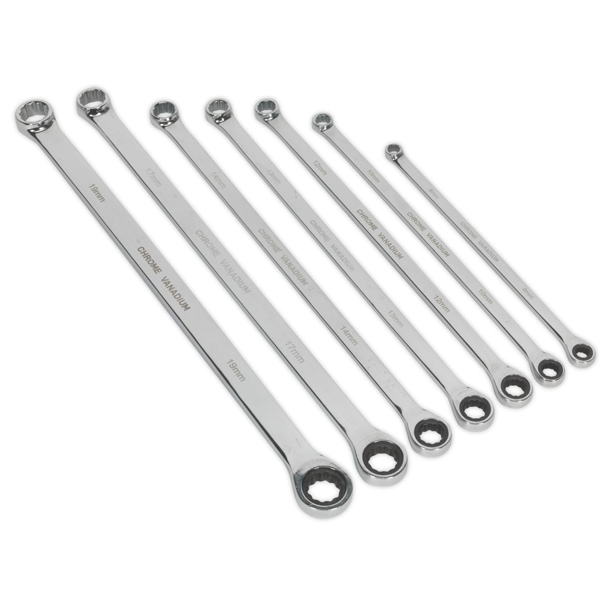 Sealey Premier Extra-Long Double Ring Ratchet/Fixed Spanner Set 7pc - Image 1