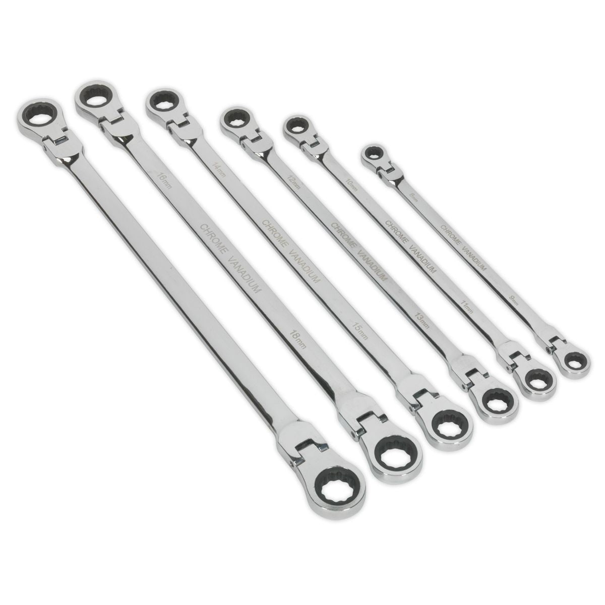 Sealey Premier Extra-Long Flexi-Head Double End Ratchet Ring Spanner Set 6pc - Image 1