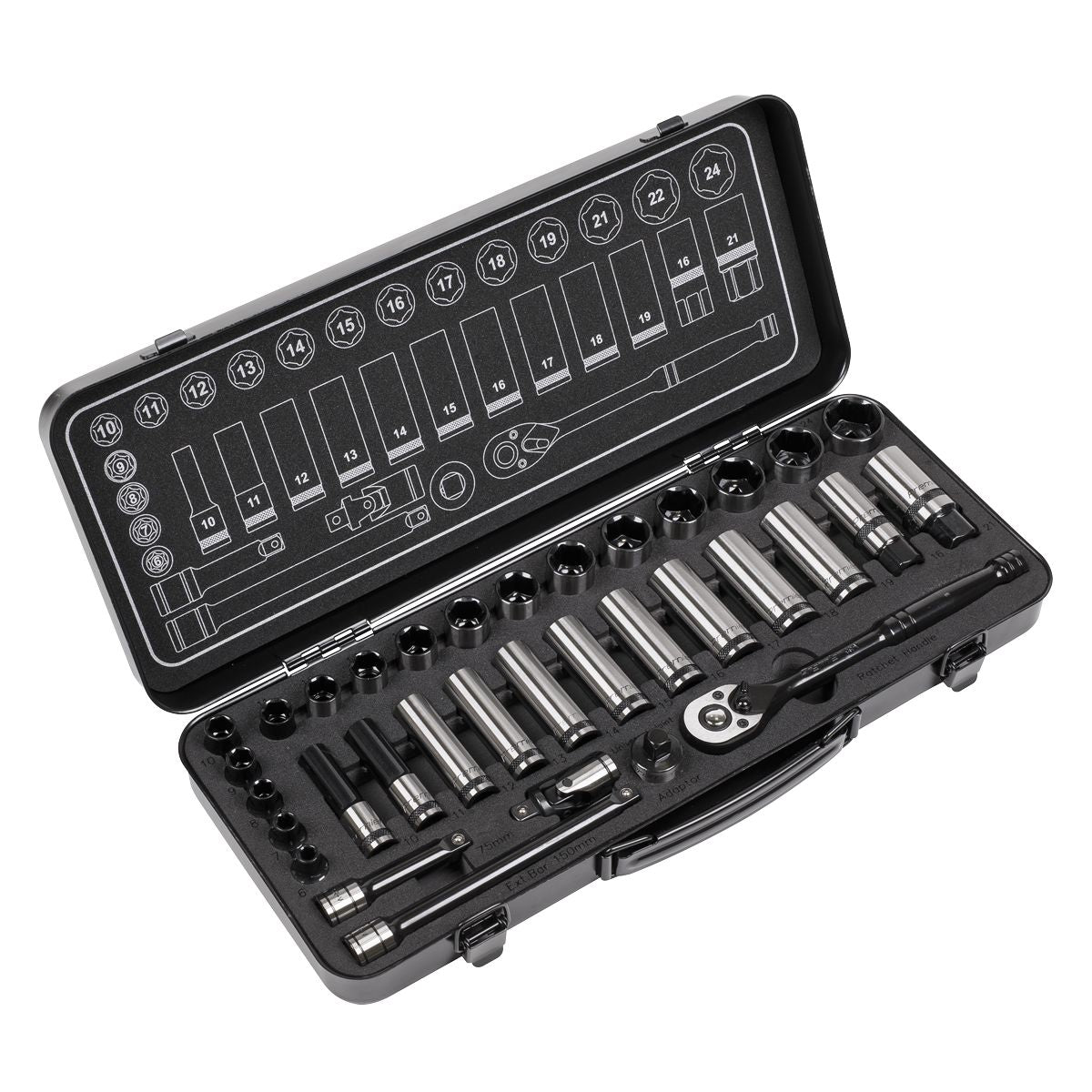 Sealey Premier Black Socket Set 3/8"Sq Drive 34pc - Image 1