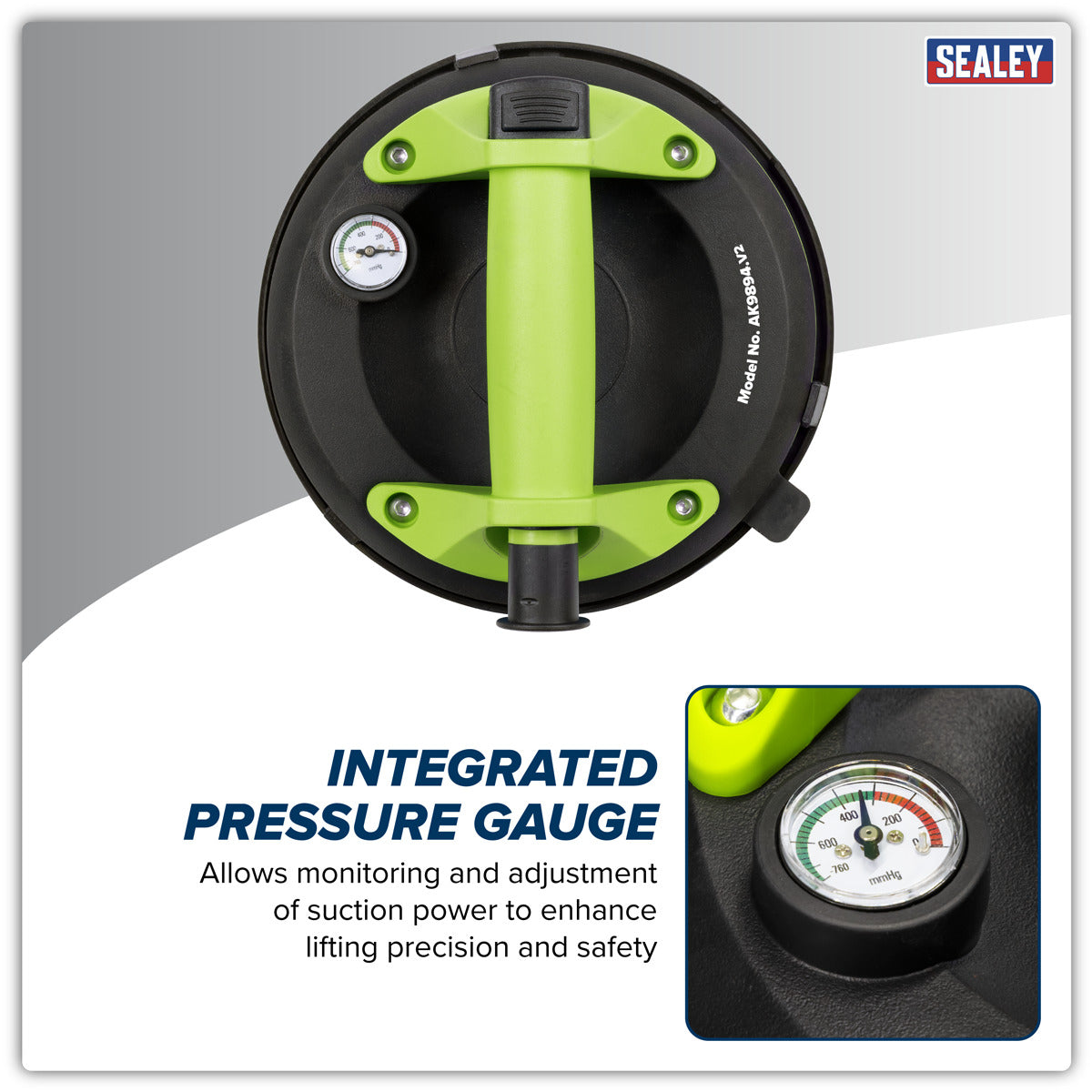 Sealey Heavy Lift Suction Cup with Vacuum Grip Pressure Gauge AK9894