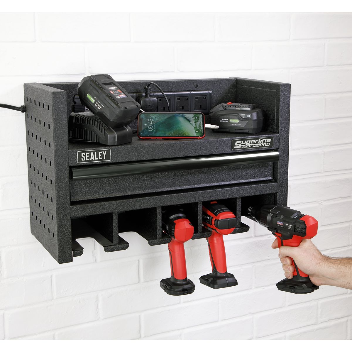Sealey Superline PRO Power Tool Storage Rack with Drawer & Power Strip - Image 3
