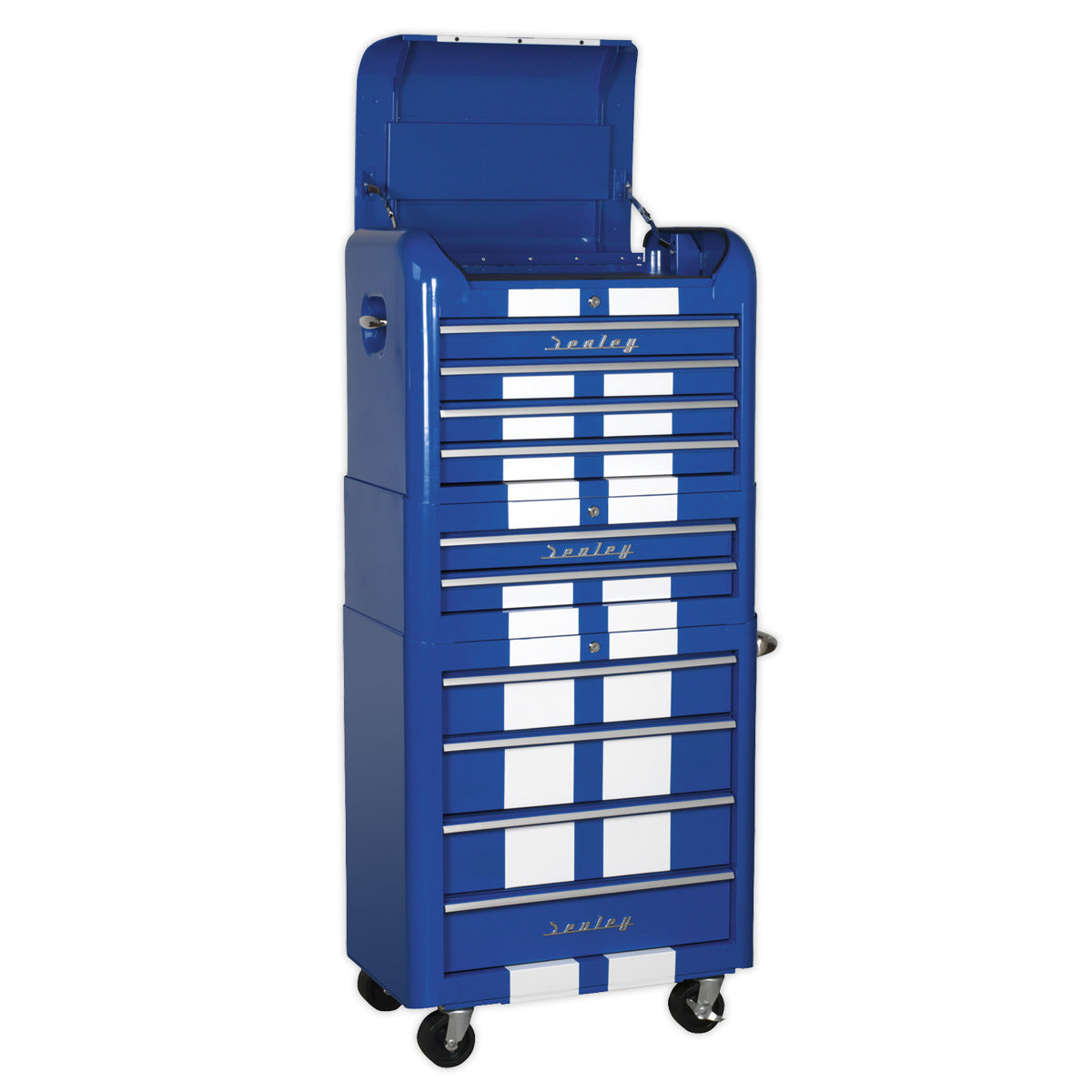 Premier Retro Style Topchest, Mid-Box Tool Chest & Rollcab Combination 10 Drawer - Blue with White Stripes AP28COMBO2BWS