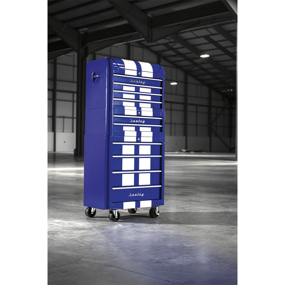 Premier Retro Style Topchest, Mid-Box Tool Chest & Rollcab Combination 10 Drawer - Blue with White Stripes AP28COMBO2BWS