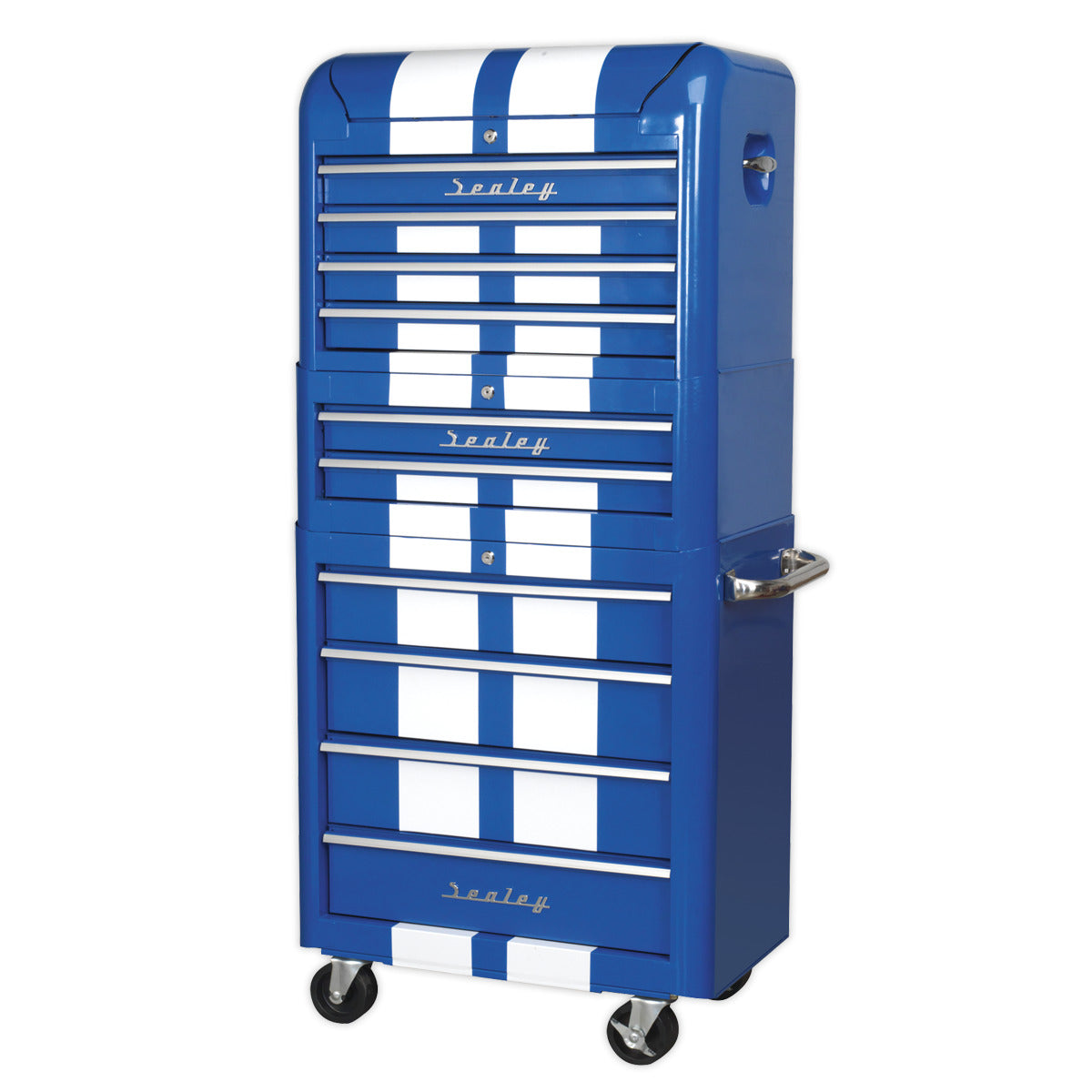 Premier Retro Style Topchest, Mid-Box Tool Chest & Rollcab Combination 10 Drawer - Blue with White Stripes AP28COMBO2BWS