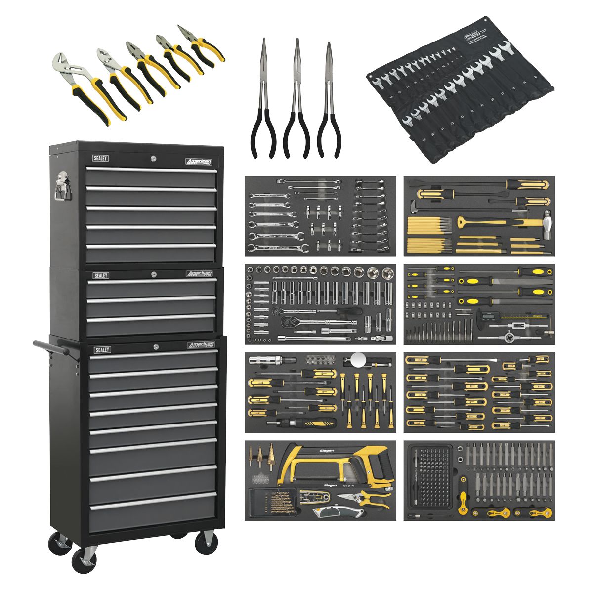 Sealey American PRO Tool Chest Combination 16 Drawer with 468pc Tool Kit - Black/Grey - Image 1