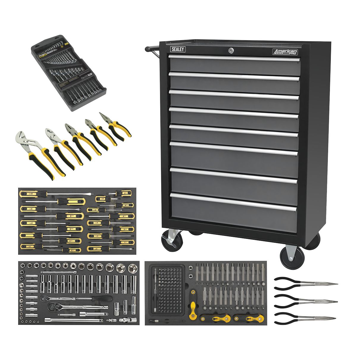 Sealey American PRO Rollcab 8 Drawer with 302pc Tool Kit - Black/Grey - Image 1