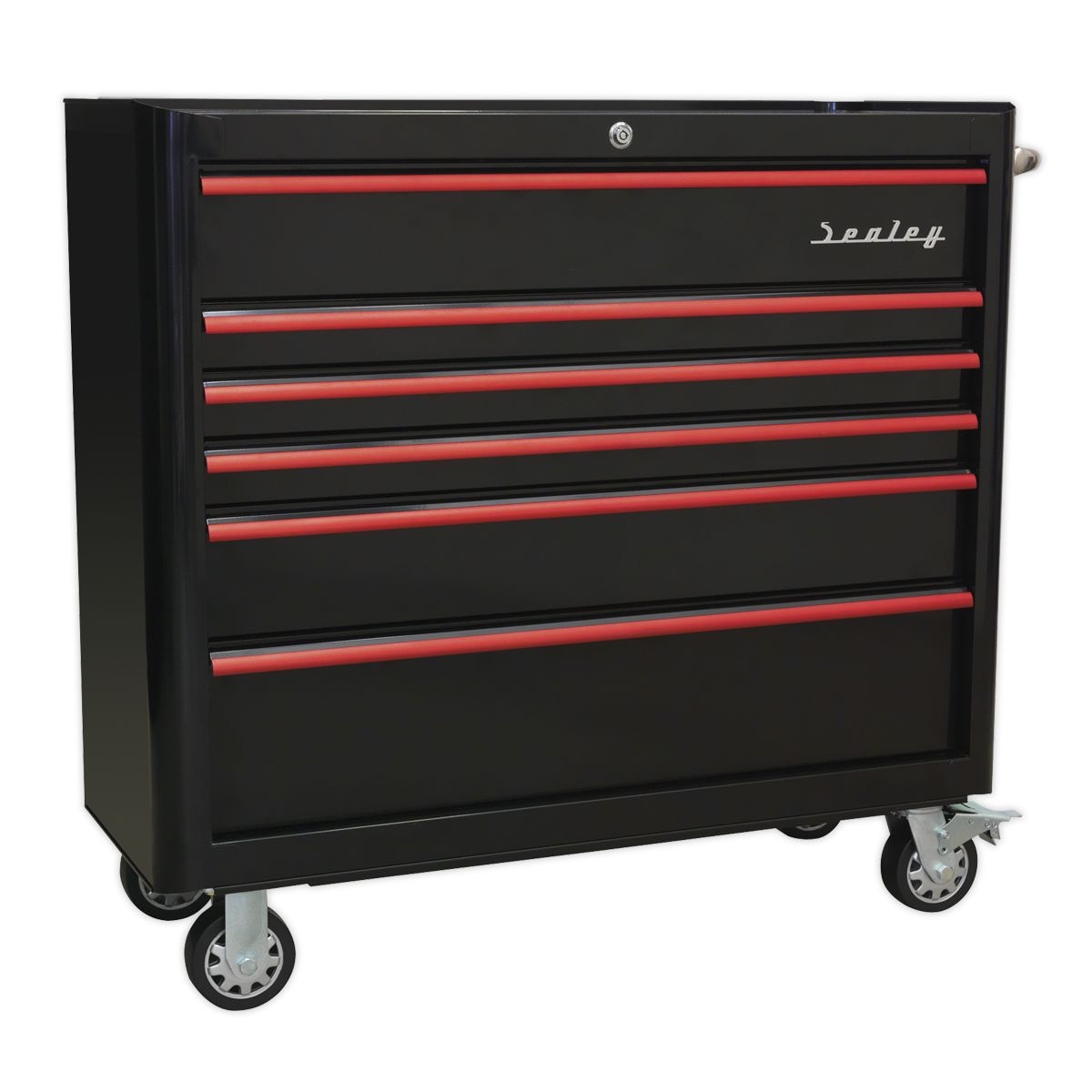 Sealey Premier Retro Style Wide Rollcab 6 Drawer - Black with Red Anodised Drawer Pulls - Image 1