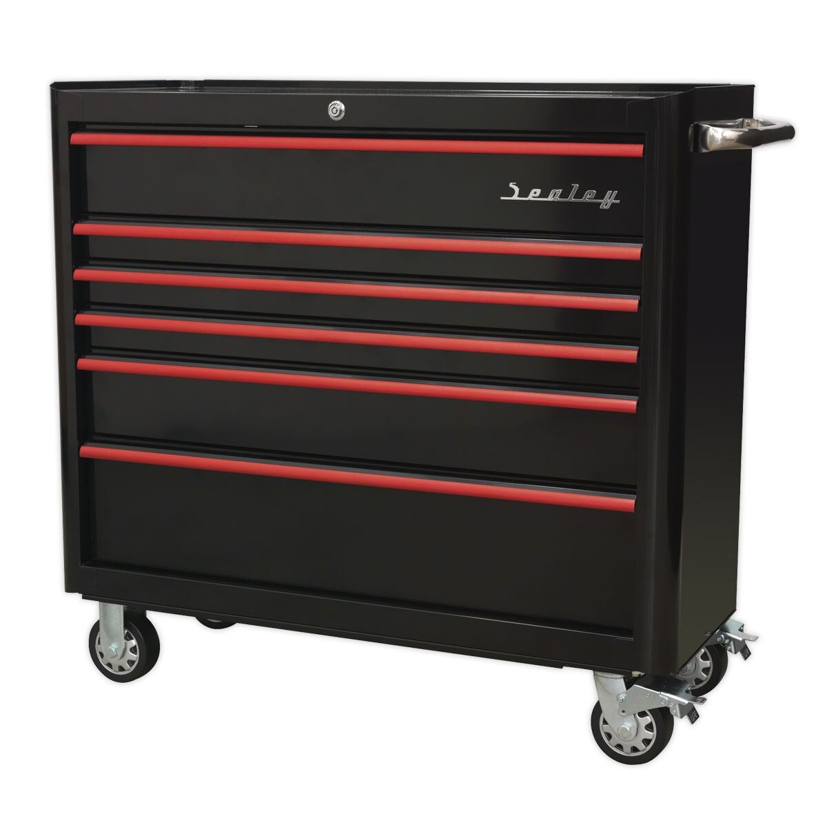 Sealey Premier Retro Style Wide Rollcab 6 Drawer - Black with Red Anodised Drawer Pulls - Image 4