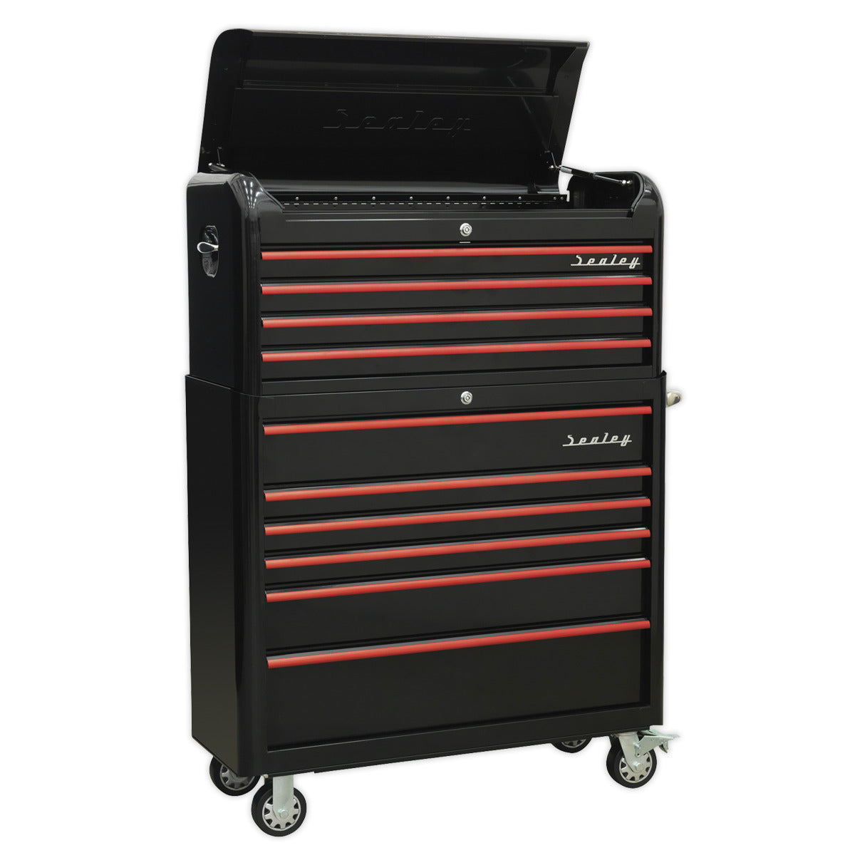 Premier Retro Style Wide Topchest & Rollcab Combination 10 Drawer - Black with Red Anodised Drawer Pulls AP41COMBOBR