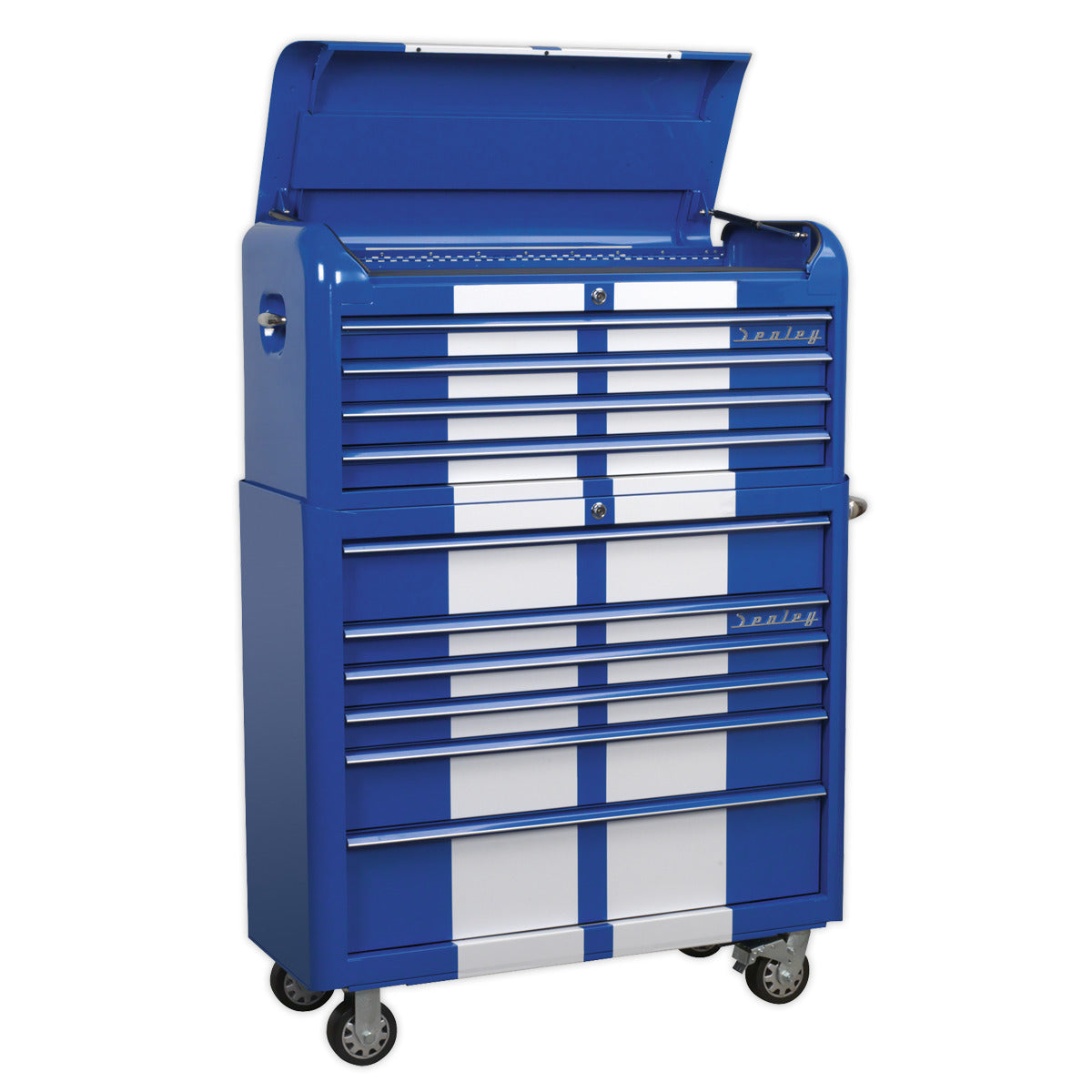 Premier Retro Style Wide Topchest & Rollcab Combination 10 Drawer Blue with White Stripes AP41COMBOBWS