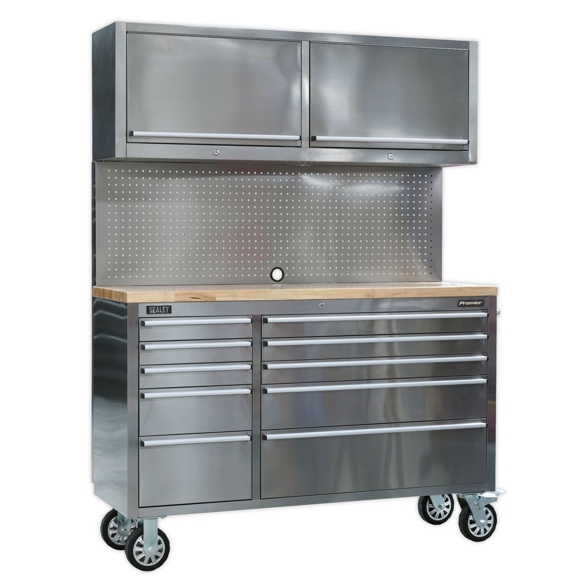 Sealey Premier Mobile Stainless Steel Tool Cabinet 10 Drawer with Backboard & 2 Wall Cupboards - Image 1