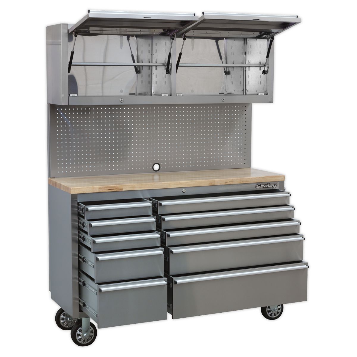 Sealey Premier Mobile Stainless Steel Tool Cabinet 10 Drawer with Backboard & 2 Wall Cupboards - Image 10