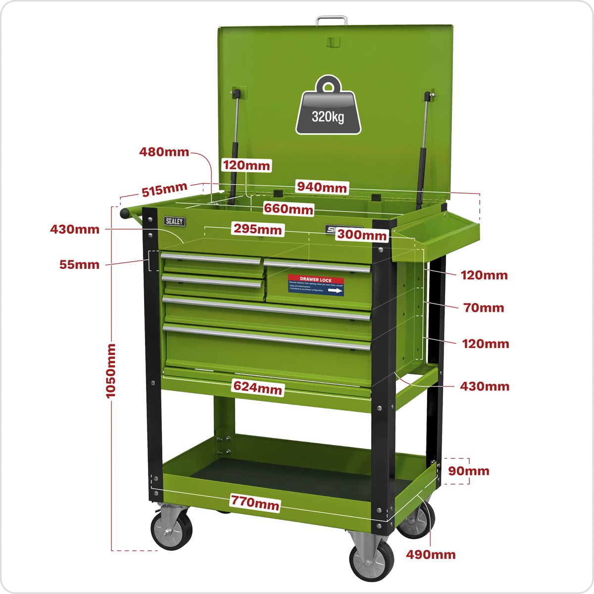 Sealey Superline PRO Mobile Tool & Parts Trolley with 5 Drawers and Lockable Top - Hi-Vis Green - Image 2