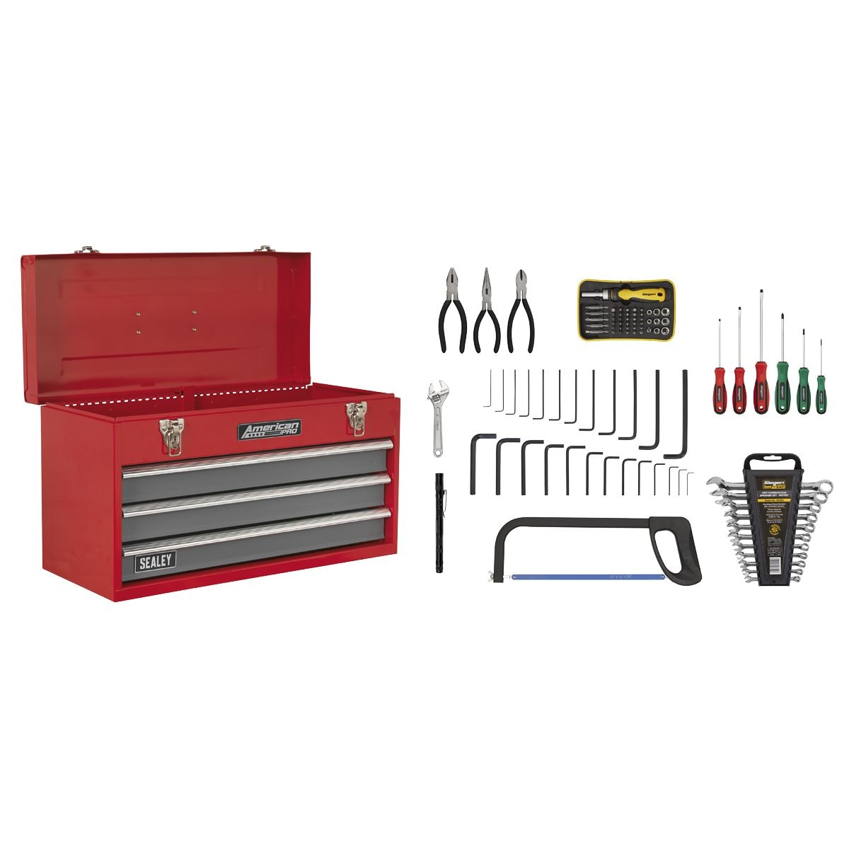 Sealey American PRO Tool Chest 3 Drawer with 93pc Tool Kit - Red/Grey - Image 1