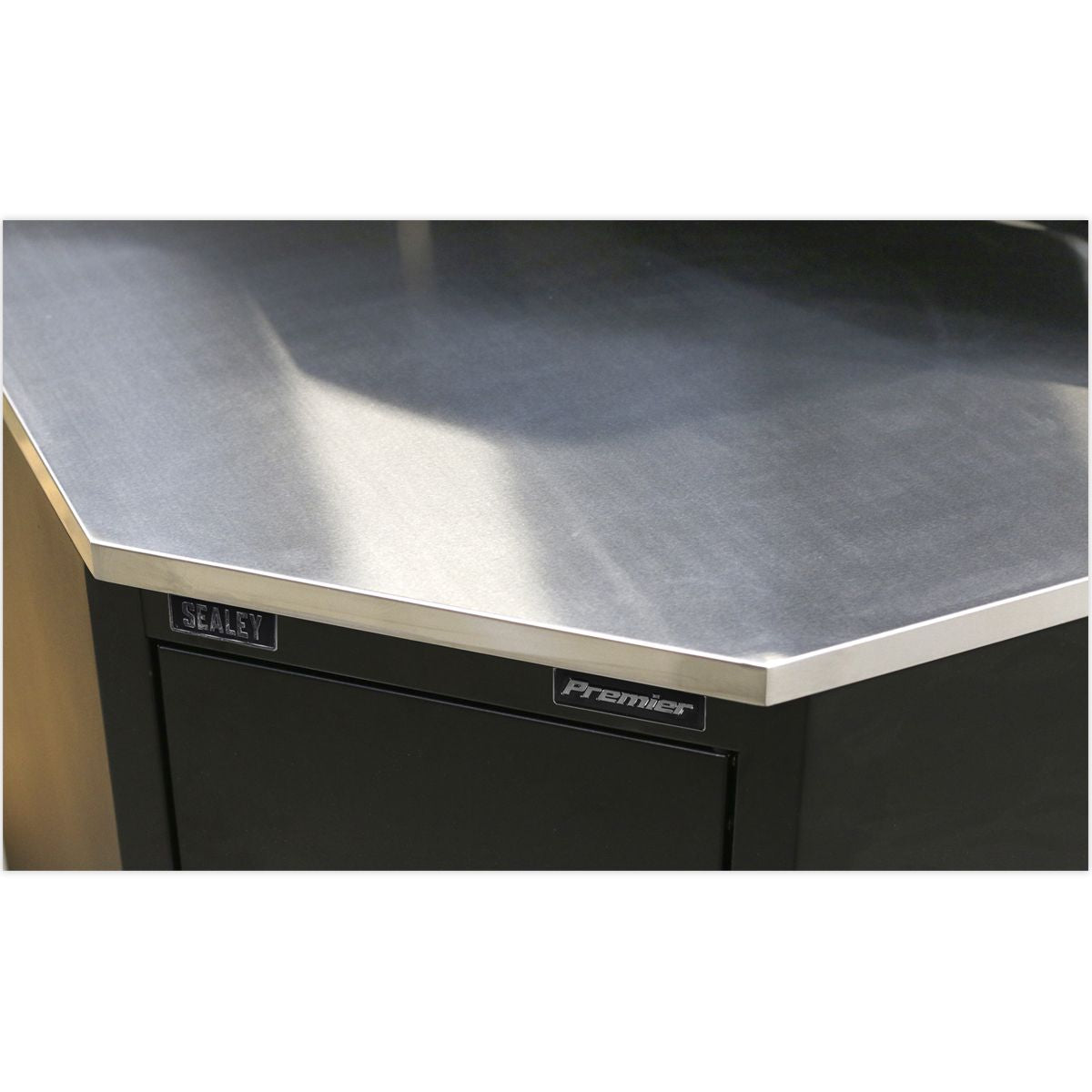 Sealey Premier Stainless Steel Corner Worktop 930mm - Image 1