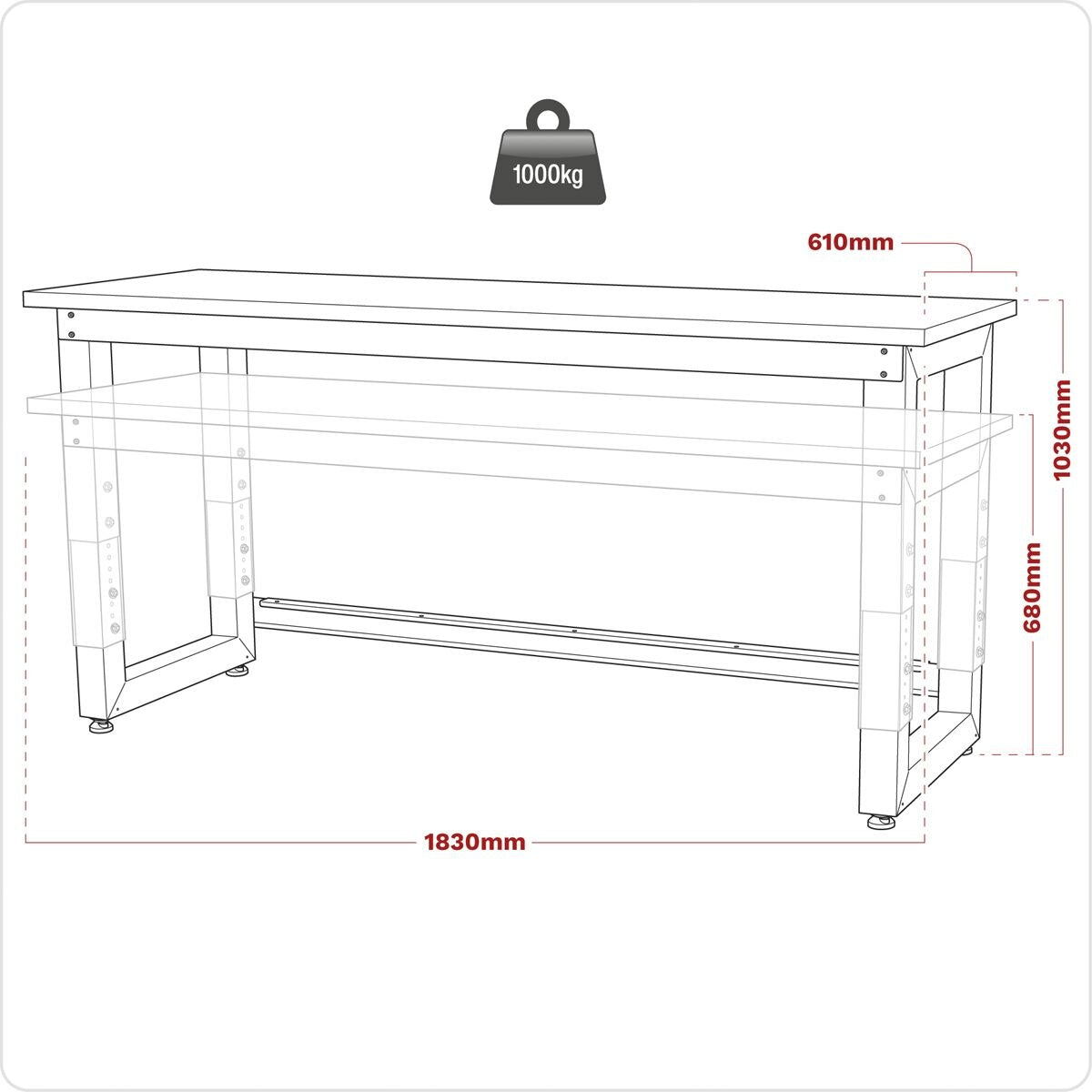 Sealey Premier Heavy-Duty Steel Adjustable Workbench with Stainless Steel Worktop 1830mm - Image 3