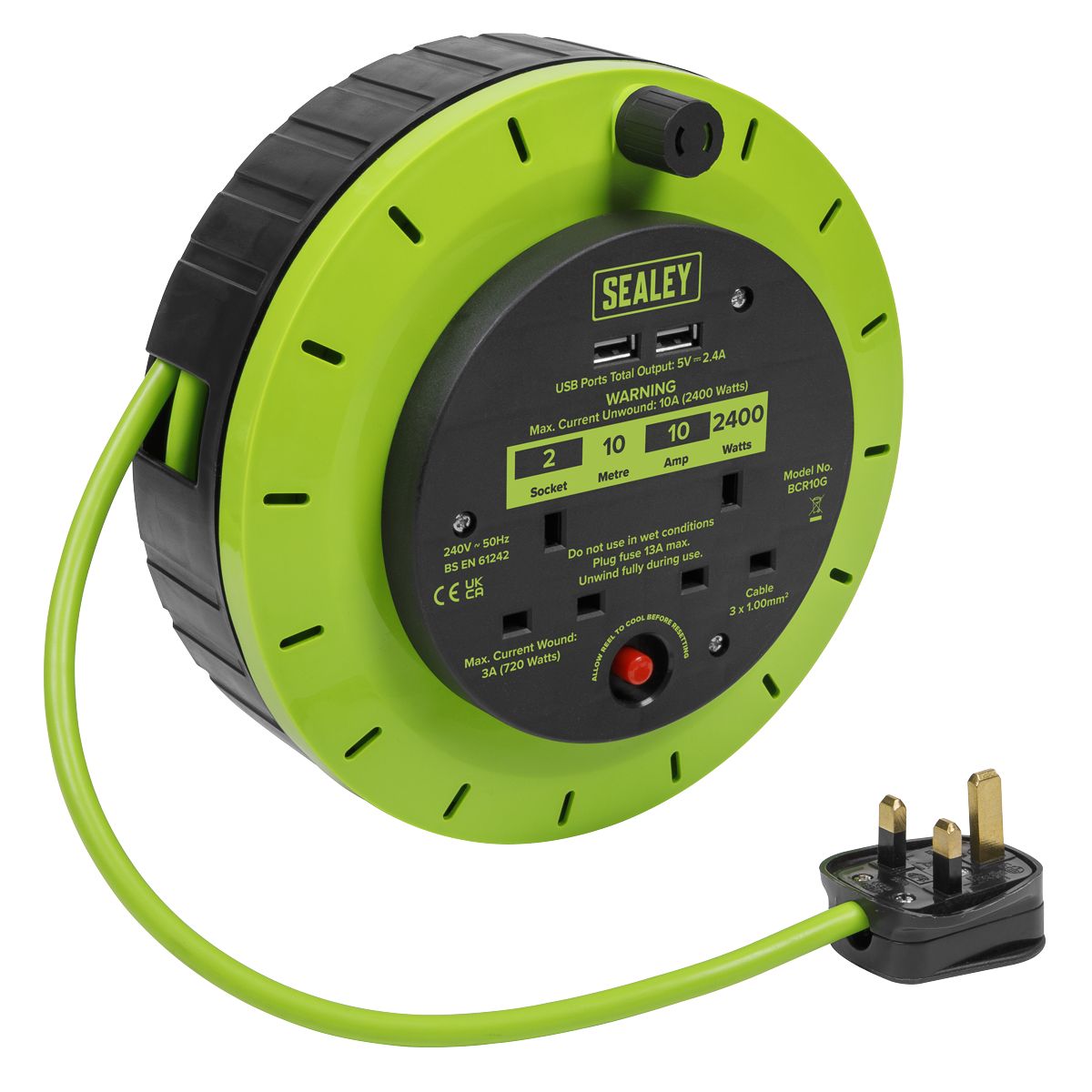 Sealey 10m Cassette Type Cable Reel with Thermal Trip 2 x 230V & 2 x USB - Hi-Vis Green - Image 1