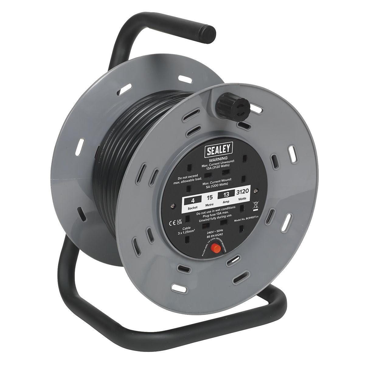 Sealey 15m Cable Reel with Thermal Trip 4 x 230V - Image 1