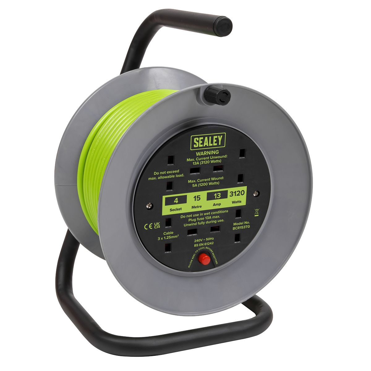 Sealey 15m Cable Reel with Thermal Trip 4 x 230V - Hi-Vis Green - Image 1