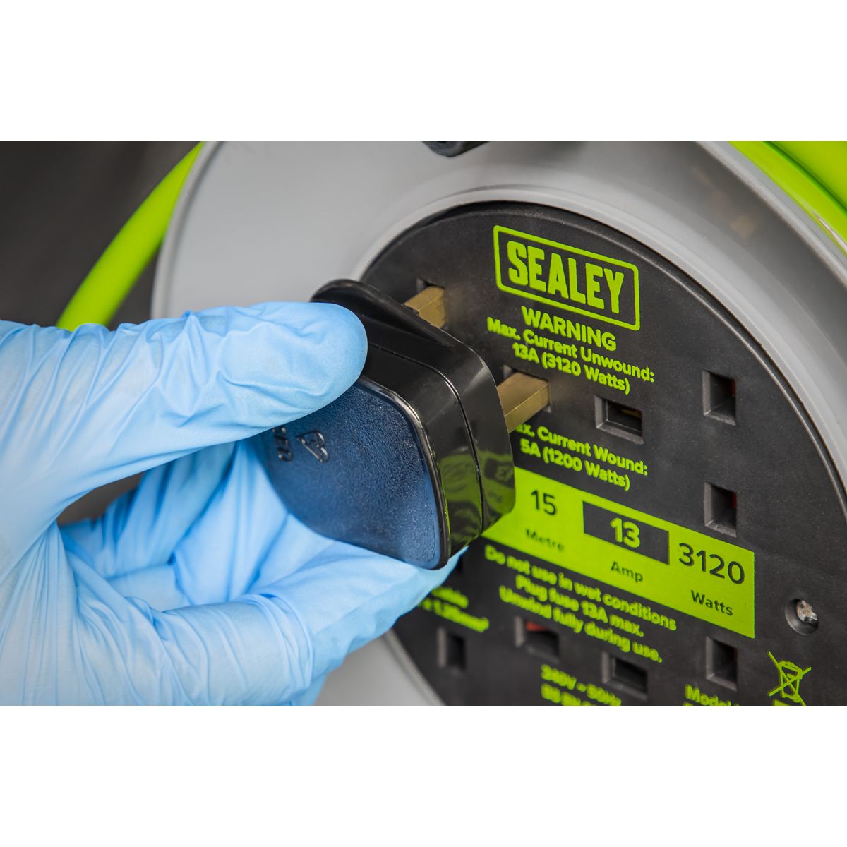 Sealey 15m Cable Reel with Thermal Trip 4 x 230V - Hi-Vis Green - Image 6