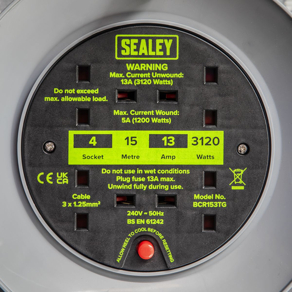 Sealey 15m Cable Reel with Thermal Trip 4 x 230V - Hi-Vis Green - Image 8
