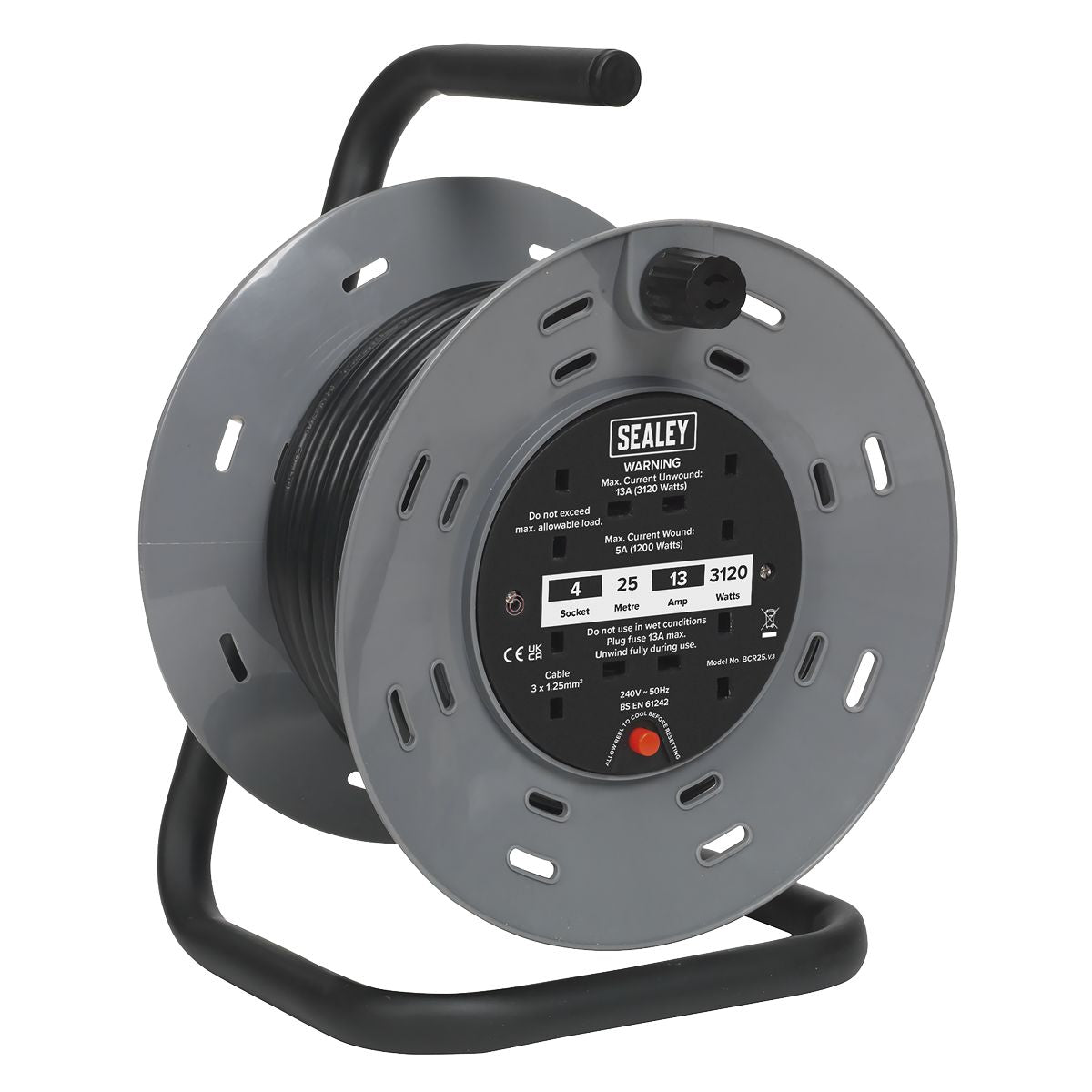 Sealey 25m Cable Reel with Thermal Trip 4 x 230V - Image 1