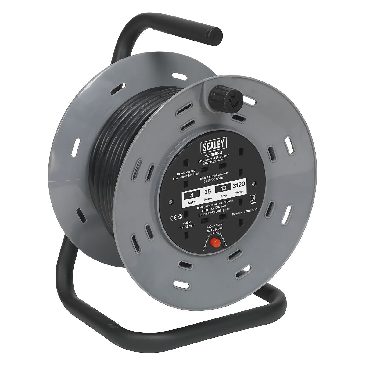 Sealey 25m Cable Reel with Thermal Trip 4 x 230V - Image 1