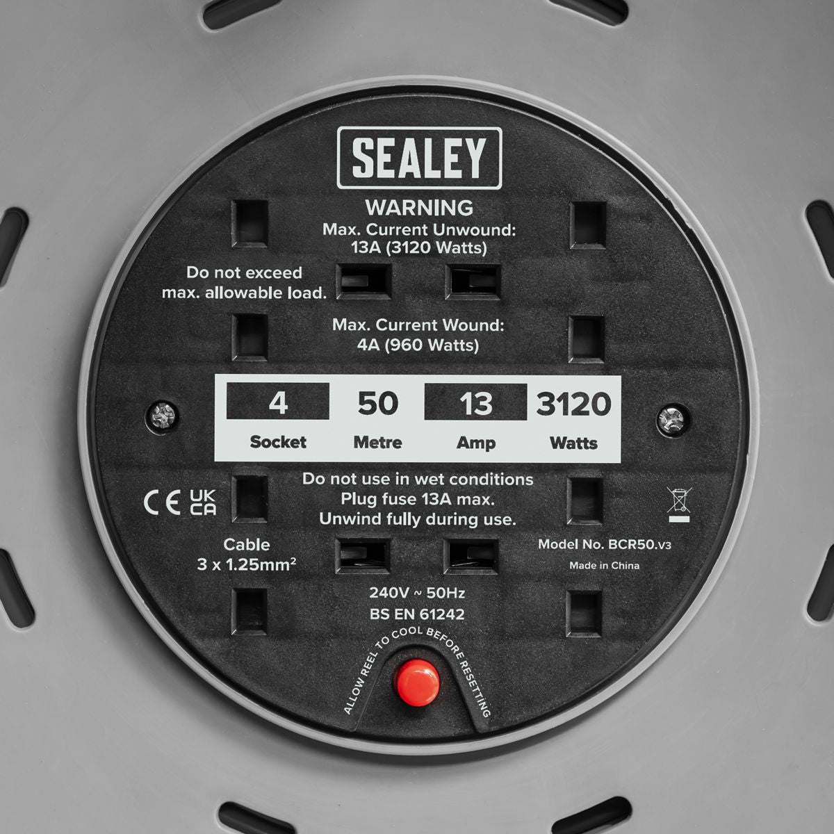 Sealey 50m Cable Reel with Thermal Trip 4 x 230V - Image 8