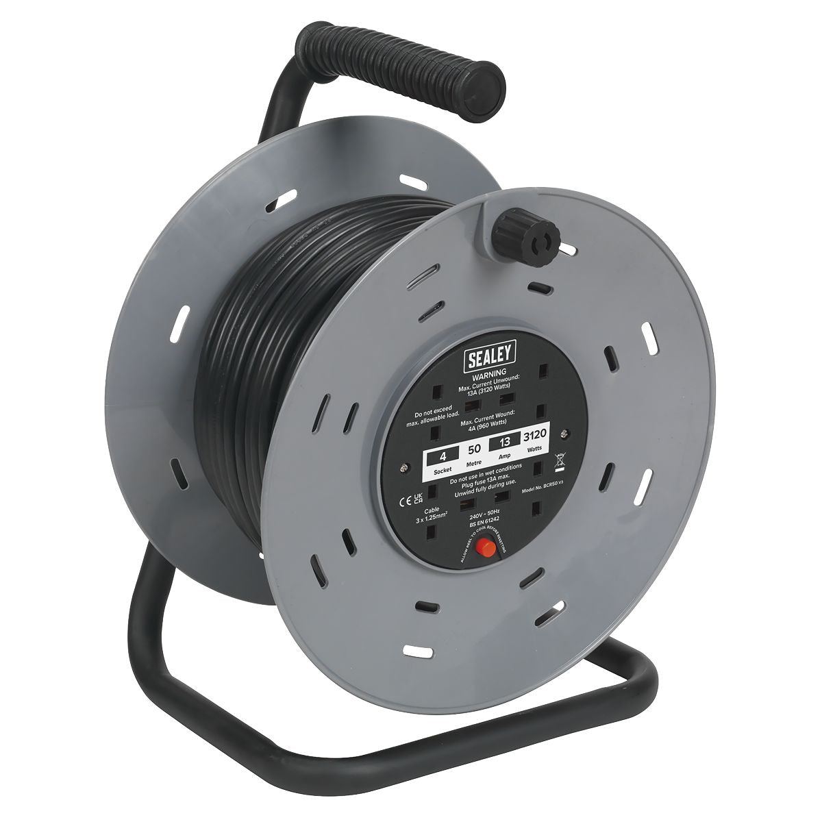 Sealey 50m Cable Reel with Thermal Trip 4 x 230V - Image 9
