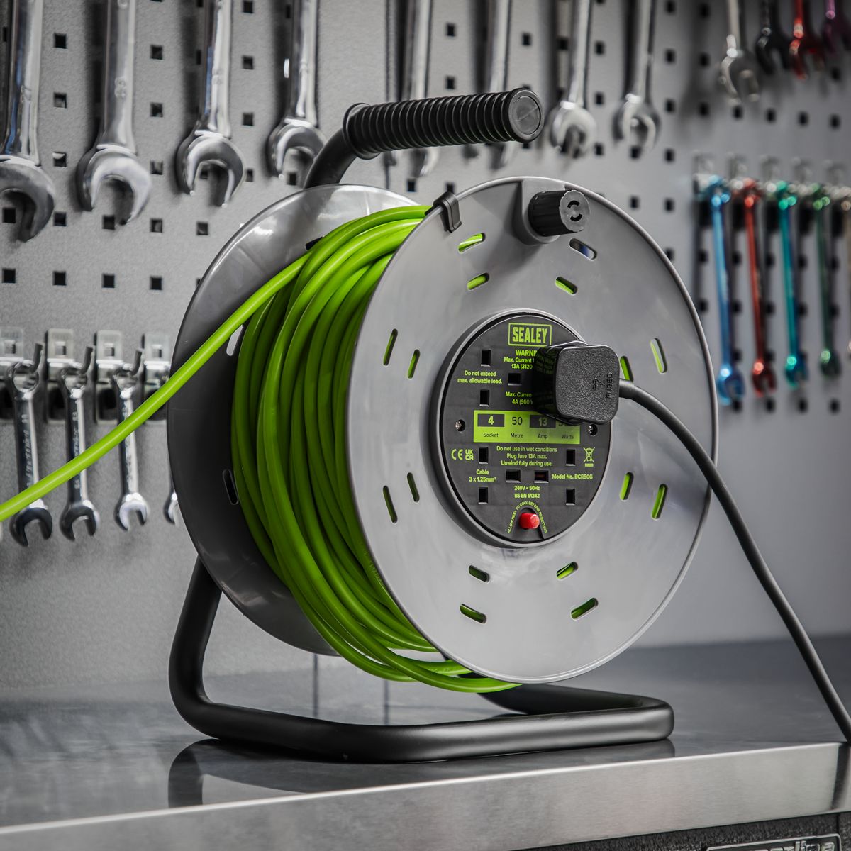 Sealey 50m Cable Reel with Thermal Trip 4 x 230V - Hi-Vis Green - Image 3