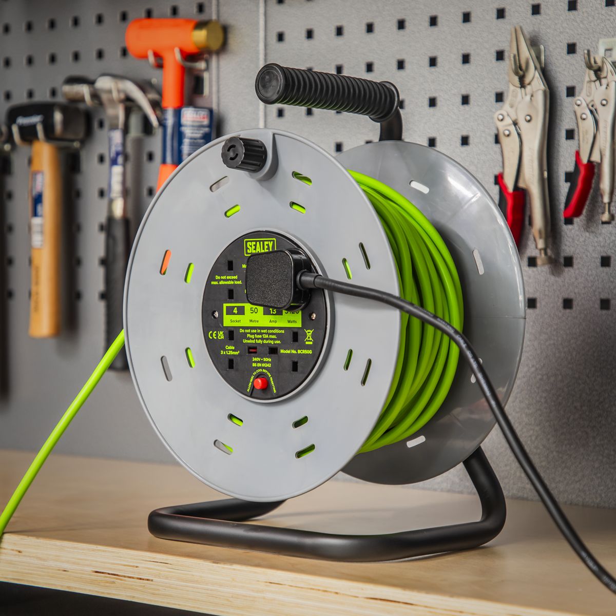 Sealey 50m Cable Reel with Thermal Trip 4 x 230V - Hi-Vis Green - Image 4