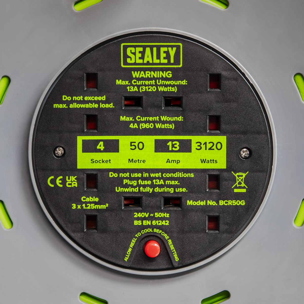 Sealey 50m Cable Reel with Thermal Trip 4 x 230V - Hi-Vis Green - Image 8