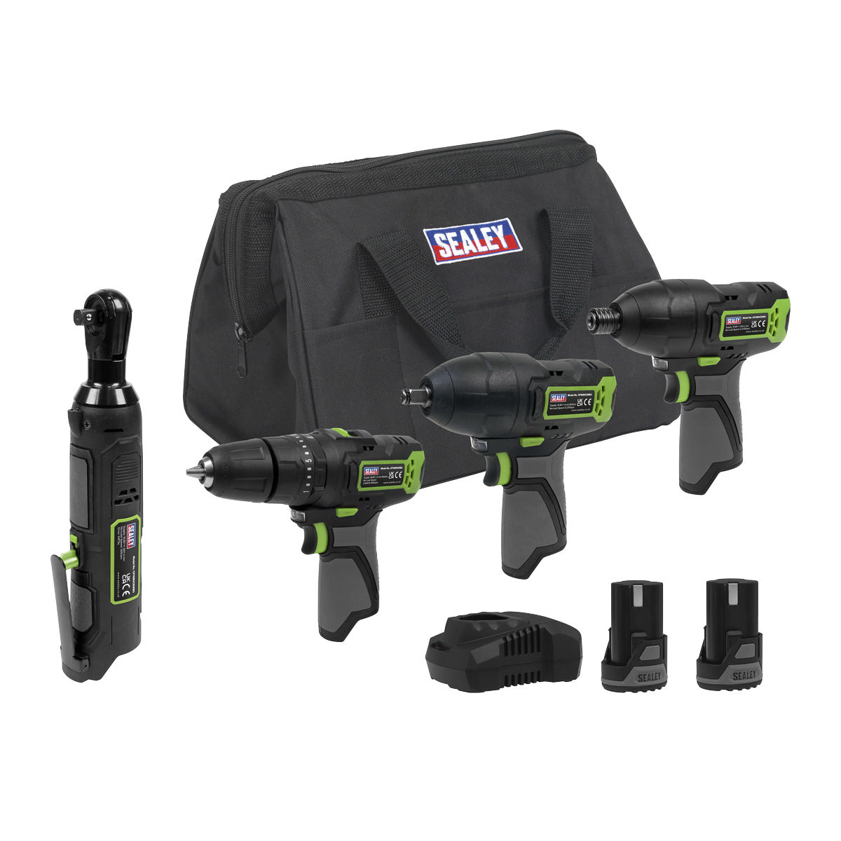 Sealey 4 x SV10.8 Series Cordless Power Tool Kit 10.8V - 2 Batteries & Euro Plug CP108VCOMBO2EU