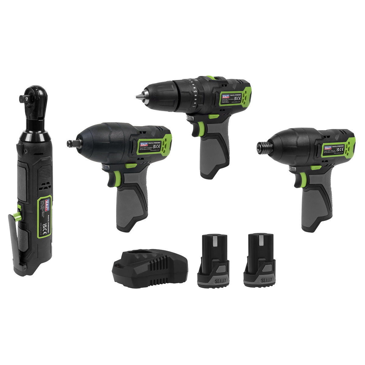 Sealey 4 x SV10.8 Series Cordless Power Tool Kit 10.8V - 2 Batteries & Euro Plug CP108VCOMBO2EU