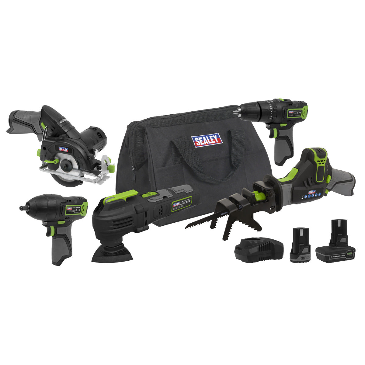 Sealey 5 x SV10.8 Series Cordless Power Tool Kit 10.8V - 2 Batteries CP108VCOMBO8