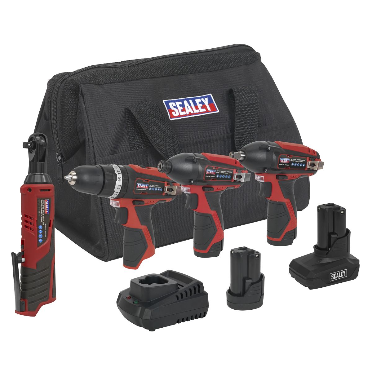 Sealey 4 x SV12 Series Cordless Power Tool Combo Kit 12V - 2 Batteries - Image 1