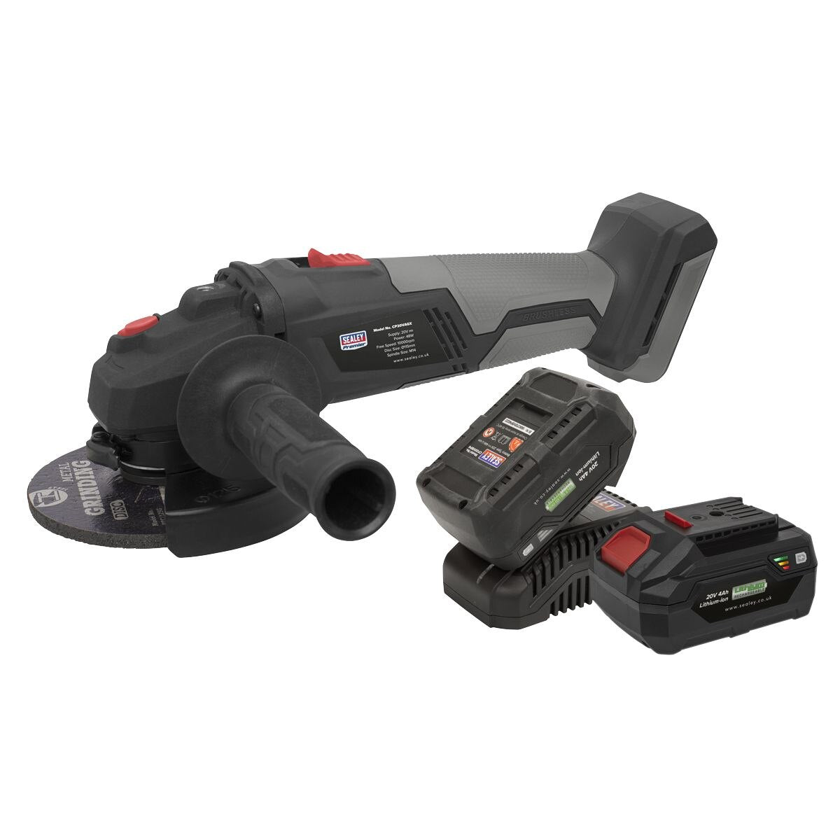 Sealey Premier SV20 Series 115mm Brushless Cordless Angle Grinder Kit 20V 4Ah - 2 Batteries - Image 3