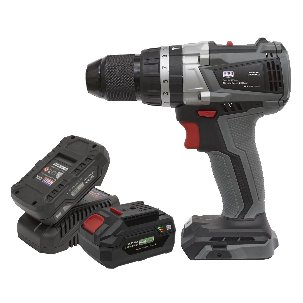 Sealey Premier SV20 Series 13mm Brushless Cordless Combi Drill Kit 20V - 2 Batteries - Image 2