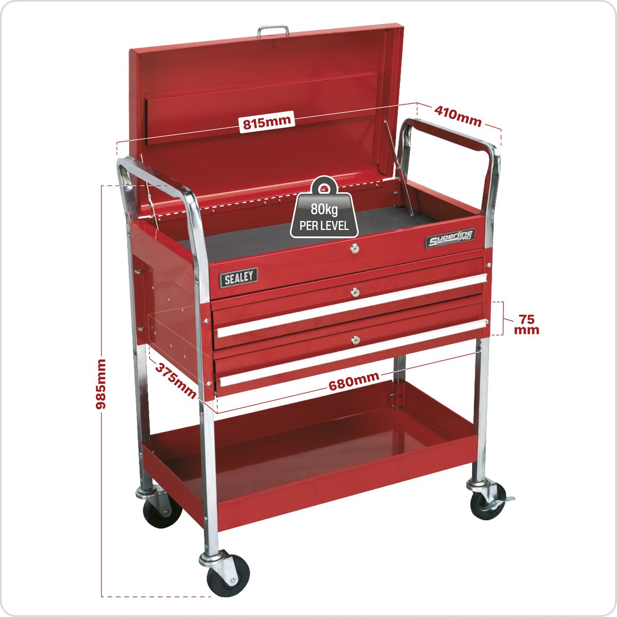 Sealey Superline PRO Heavy-Duty Trolley with Lockable Top & 2 Drawers 2-Level - Image 6