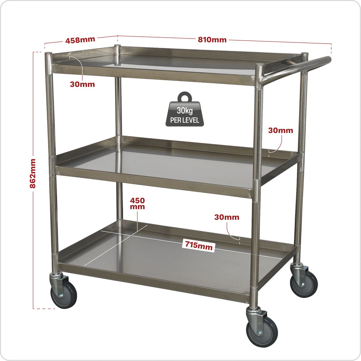 Sealey Premier Stainless Steel Workshop Trolley 3-Level - Image 3