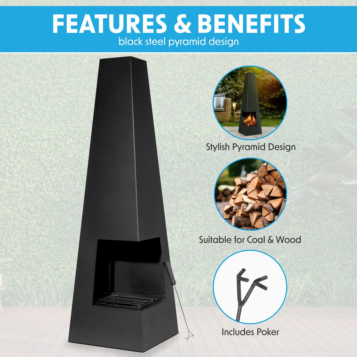 Dellonda Chiminea, Wood Burner, Heater for Outdoors W45cm x H150cm - Black Steel - Image 6