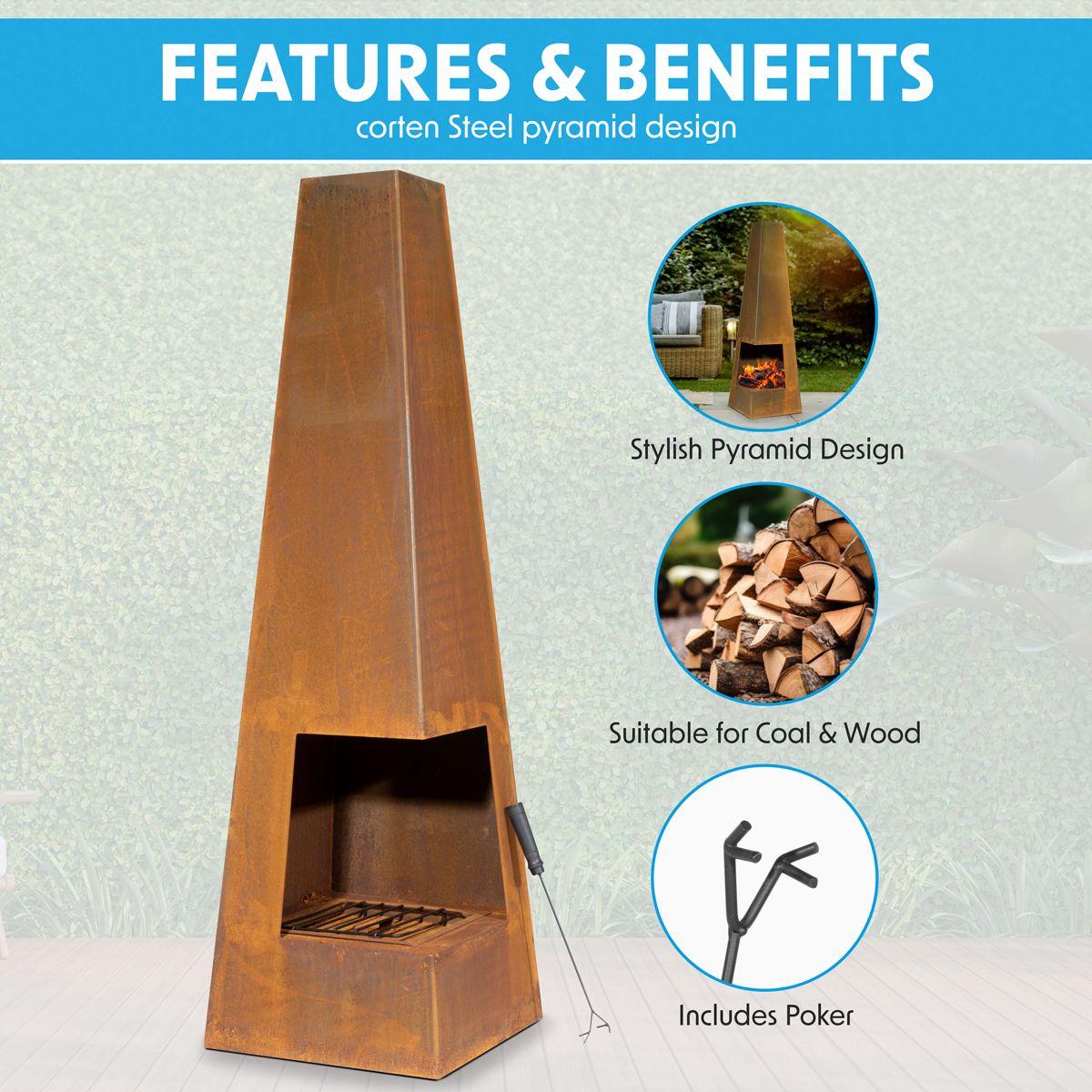 Dellonda Chiminea, Wood Burner, Heater for Outdoors W45cm x H150cm, Corten Steel - Image 9