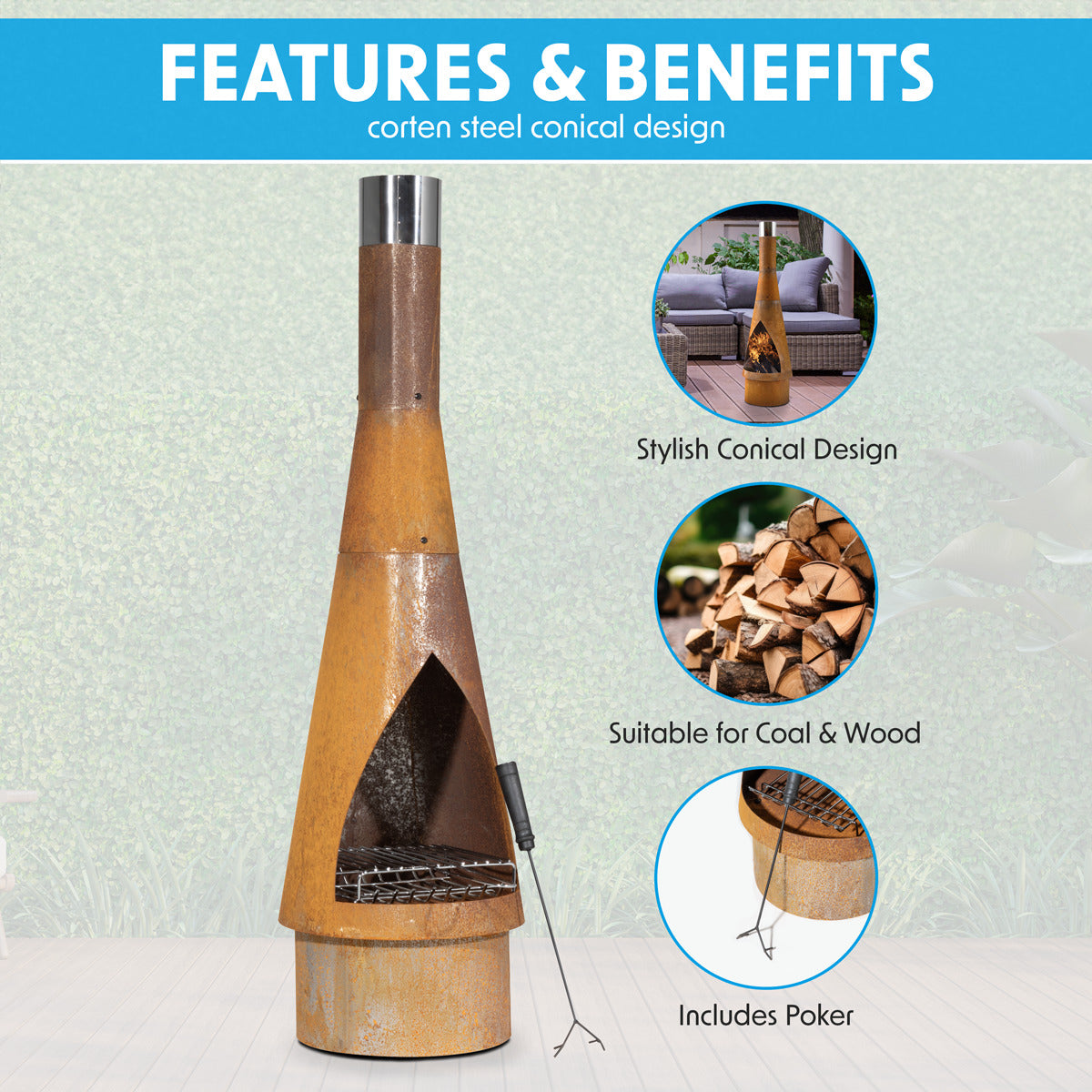 Dellonda Outdoor/Garden/Patio Conical Chiminea, Fireplace, Fire Pit, Heater, H127cm - Corten Steel DG110