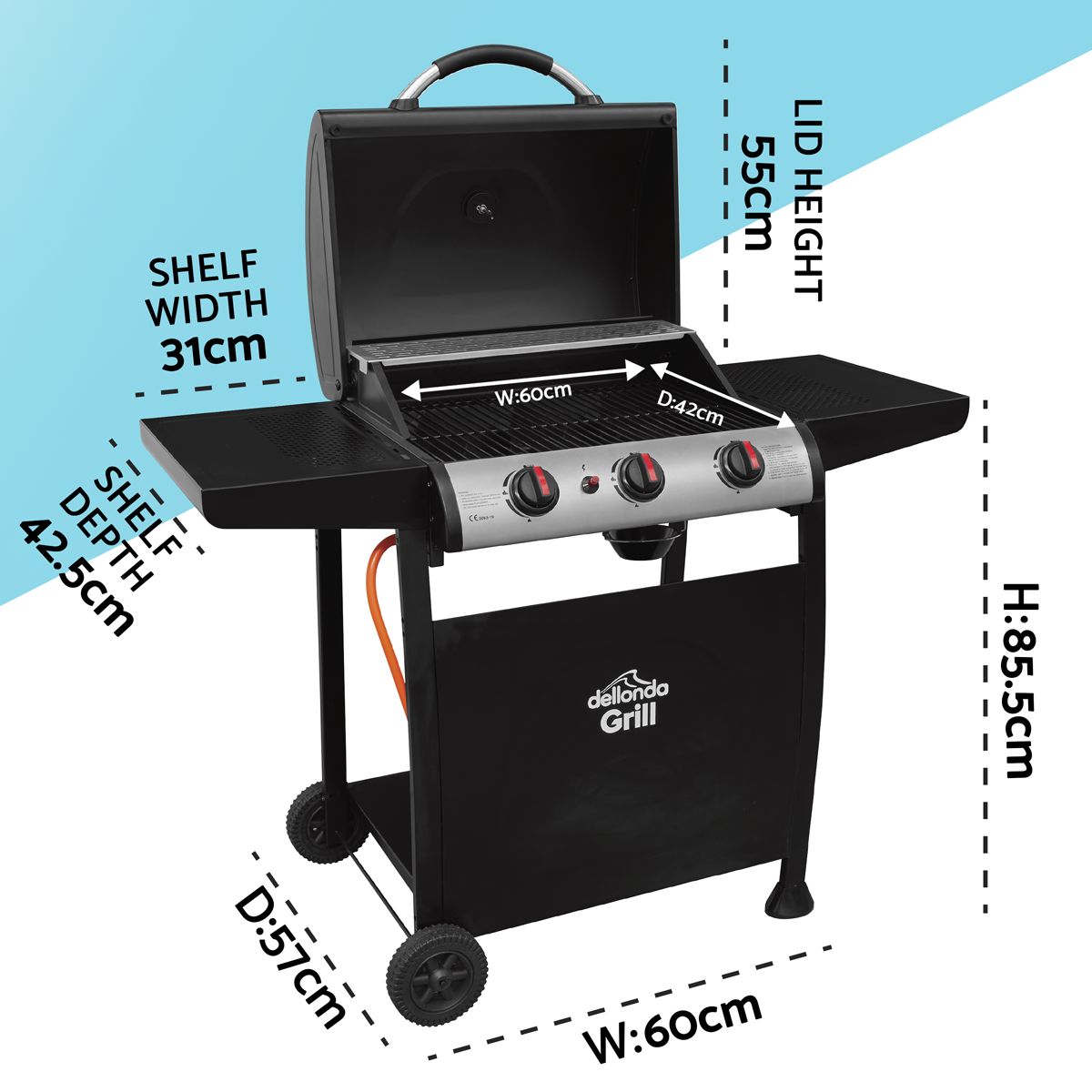 Dellonda 3 Burner Gas BBQ Grill with Piezo Ignition & Thermometer - Image 7