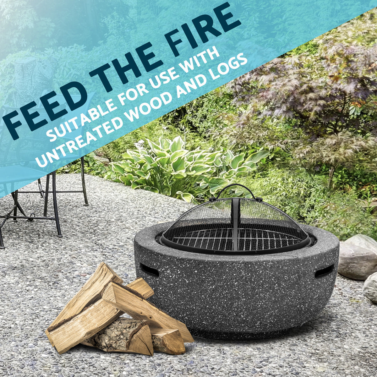 Dellonda Round MgO Fire Pit with BBQ Grill & Safety Mesh Screen 60cm - Dark Grey DG189