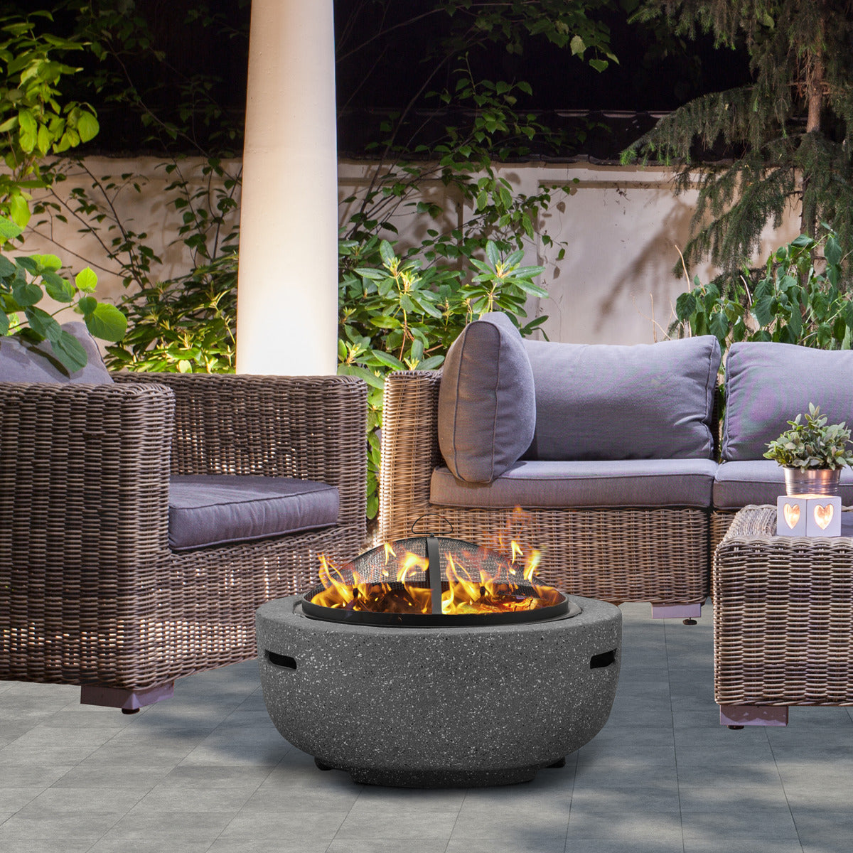 Dellonda Round MgO Fire Pit with BBQ Grill & Safety Mesh Screen 60cm - Dark Grey DG189