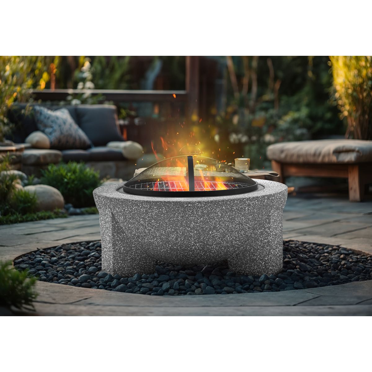 Dellonda Round MgO Fire Pit with BBQ Grill, √ò75cm, Safety Mesh Screen - Light Grey - Image 8
