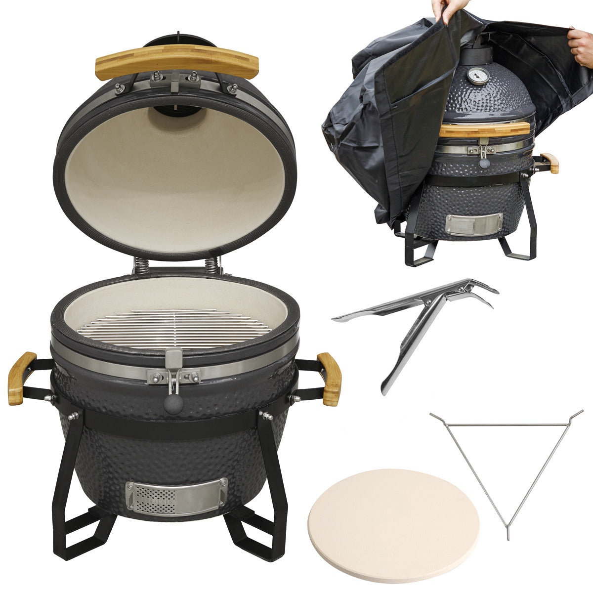 Dellonda Deluxe 16"(40cm) Ceramic Kamado Style BBQ, Cover, Grid Gripper, Heat Deflector & Heat Deflector Support DG235