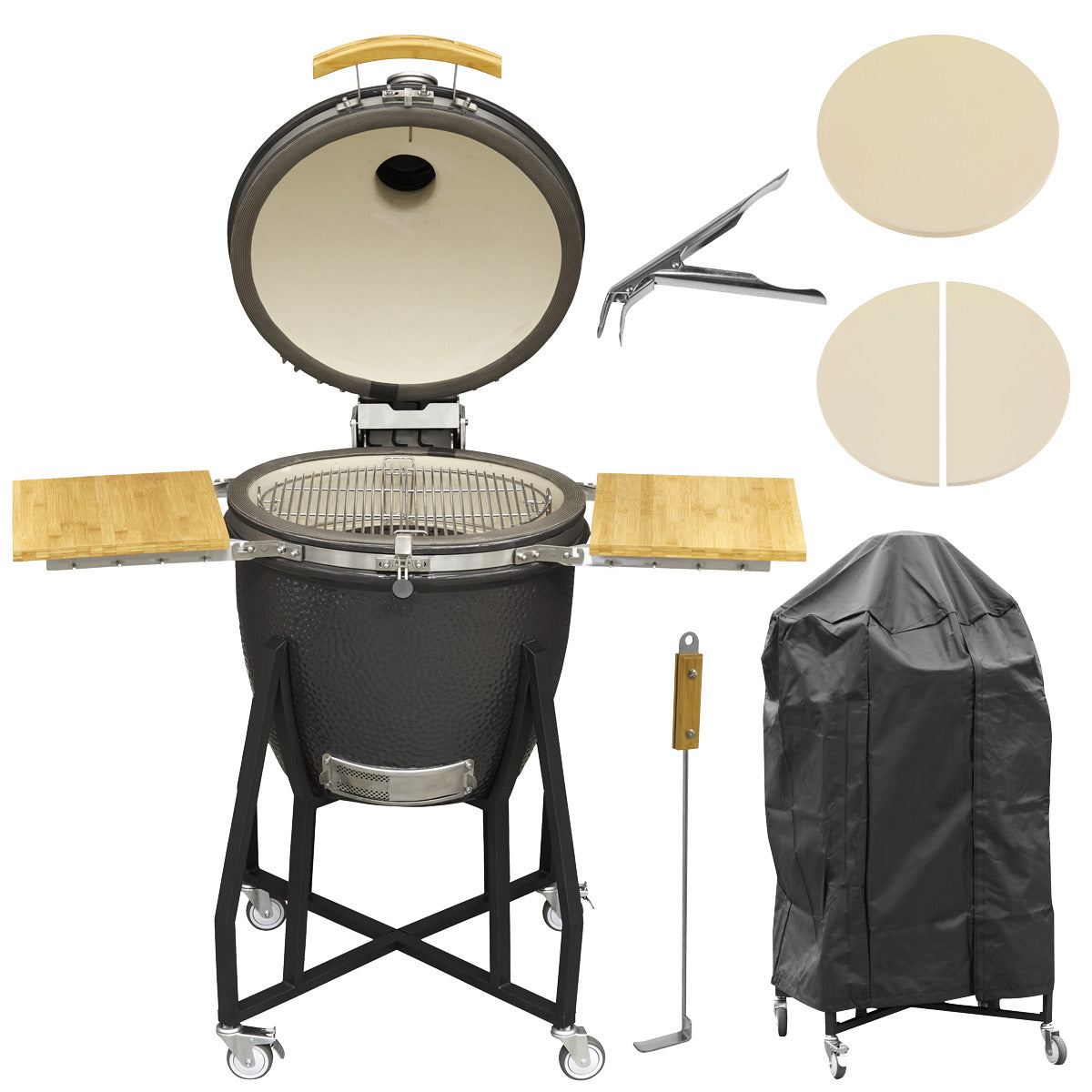 Dellonda Deluxe 22"(56cm) Ceramic Kamado Style BBQ, Cover, Grid Gripper, Heat Deflector & Heat Deflector Support DG236